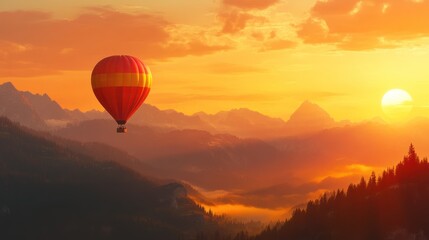 Obraz premium Serene Sunrise Hot Air Balloon Flight Over Majestic Mountain Ranges