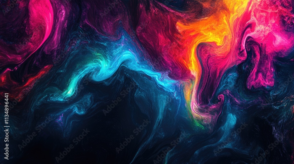 Poster vibrant multicolored abstract neon background with fluid swirls and space for text suitable for crea