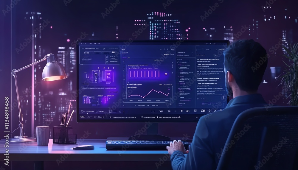 Poster hightech ai customer support chatbot interface displayed on a monitor, business professional handlin