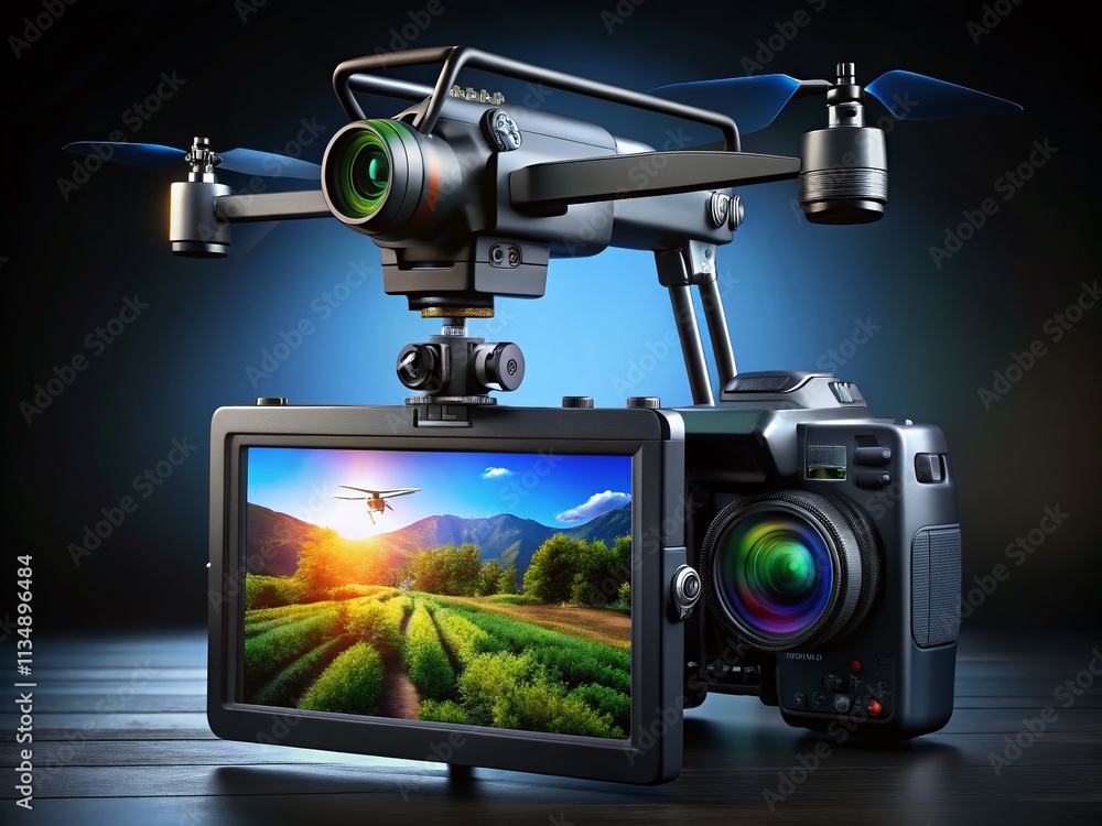 Poster dynamic viewfinder camera recording animation on black background with focus on technology and preci