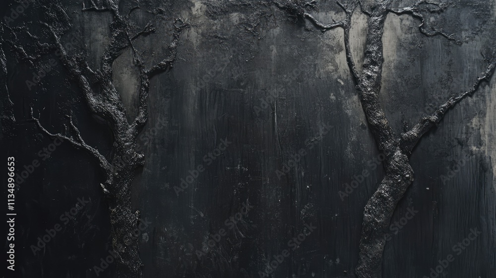Poster abstract texture featuring intricate tree branches crafted from charcoal against a dark background, 