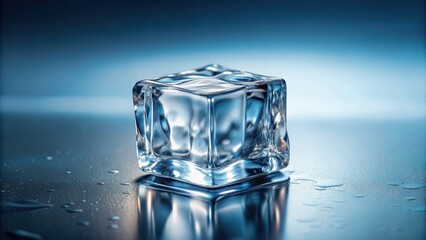 A stunning close-up shot of a crystal clear ice cube on a reflective surface in natural light , frozen, cold,winter, melting