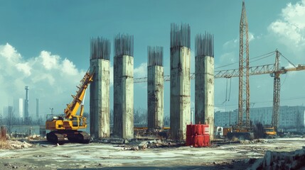 Mechanical equipment and cranes at a construction site, building concrete pillars for a high-speed railway bridge.