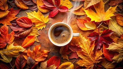 A steaming cup of coffee nestled amongst a bed of vibrant autumn leaves, capturing the essence of cozy fall mornings.