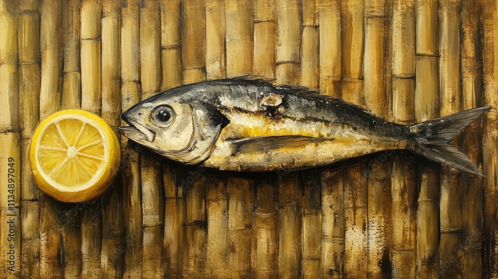 Poster smoked fish with lemon slice on bamboo background creating a rustic and inviting culinary presentati