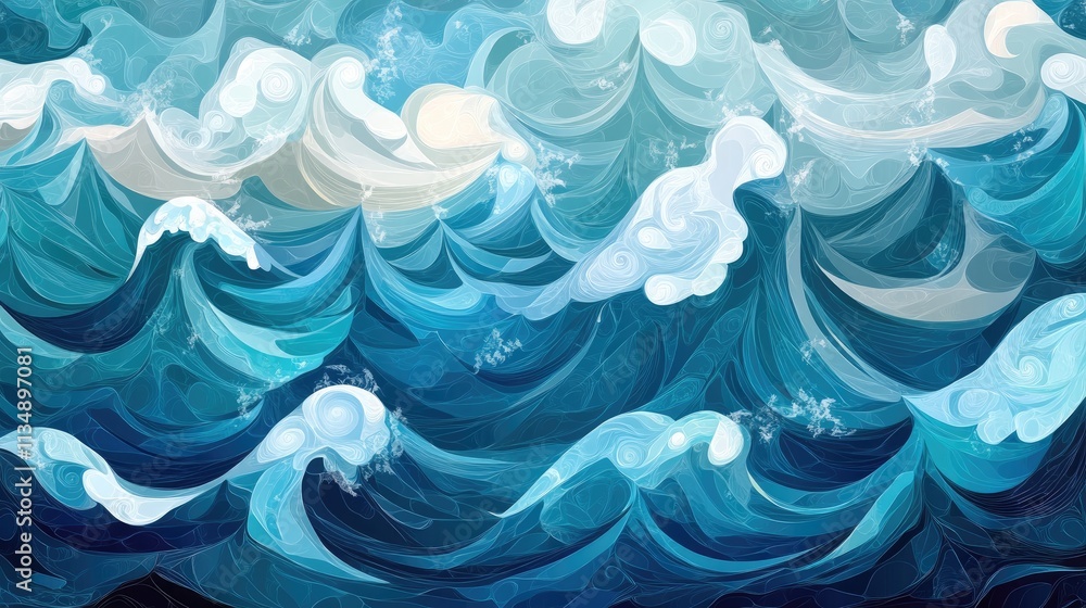 Poster abstract ocean waves with geometric shapes and vivid blue tones creating a dynamic and fluid seascap
