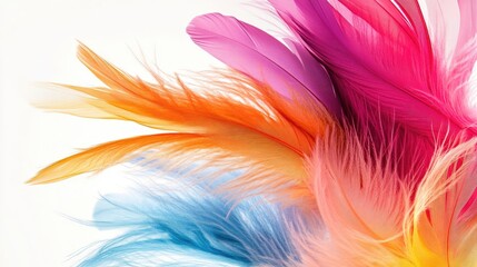 Obraz premium Vibrant Multicolored Feathers Arranged Elegantly on a White Background Showcasing Softness and Texture in a Colorful Display