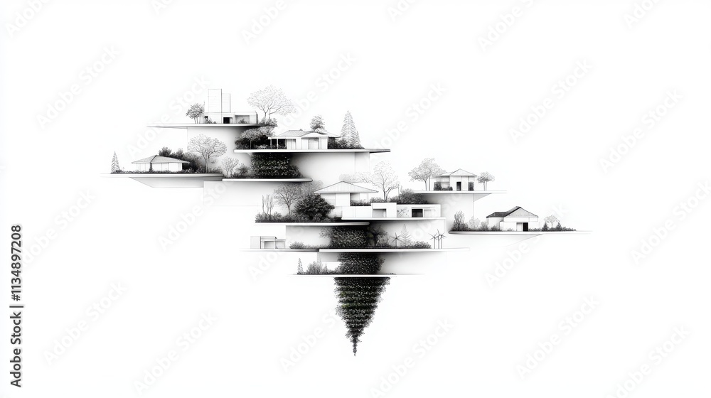 Poster a surreal illustration of layered landscapes, with structures floating above and below in a minimali