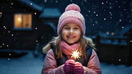 charming little girl in a knitted pink hat holding fireworks on black background in a studio.Cute blonde child with xmas dream.Happy kid enjoy the fire sparks. new year holidays eve of Christmas wish