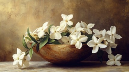 Fototapeta premium Elegant arrangement of Jasminum sambac flowers in a rustic bowl showcasing the beauty of Arabian jasmine in a serene setting.