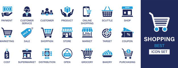 Shopping icon set collection. Payment, customer service, product, online shopping, scuttle, shop, marketing, sale, target and best solid icon set.