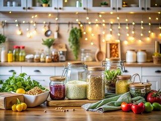 Eco-Friendly Zero Waste Kitchen with Glass Jars and Fresh Organic Produce: A Sustainable Living Space Featuring Reusable Bags and Natural Ingredients in a Bright, Inviting Environment