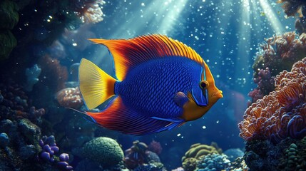Vibrant Emperor Angelfish Gliding Through Coral Reef in Clear Blue Ocean Waters