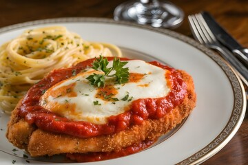 Chicken Parmesan with pasta. 