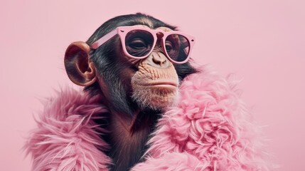 A cool monkey in stylish sunglasses and pink fur coat, posing in front of a pink background