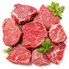 Fresh marbled beef cuts elegantly arranged, complemented with green herbs, showcasing quality ingredients for cooking or culinary presentation.