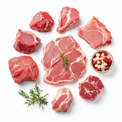 Fototapeta premium Fresh Cuts of Meat Displayed with Garnishes and Small Bowl of Berries