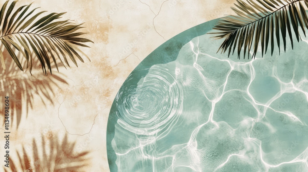 Poster swimming pool overhead view with water ripple and palm shadows on travertine stone background for su