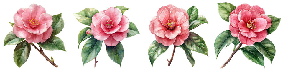 Four pink camellia flowers with green leaves, showcasing their delicate petals and vibrant colors.