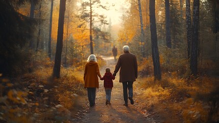 Fototapeta premium Grandparents walking hand in hand with grandchildren along a scenic forest trail, enjoying nature together. 