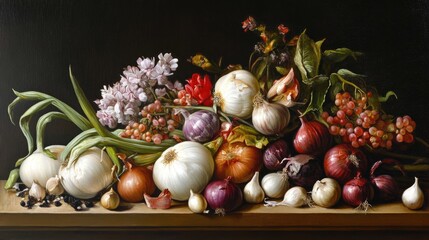 Colorful assortment of allium vegetables featuring onions garlic shallots and flowers on wooden surface with dark background