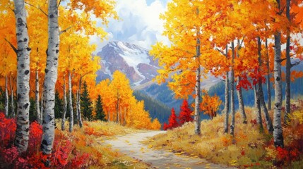 Fototapeta premium Fall foliage landscape in Aspen Maroon Bells Colorado with vibrant autumn colors showcasing trees and mountains under a cloudy sky.
