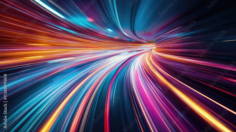 Poster futuristic abstract motion blur of vibrant light trails in a tunnel representing super speed transpo