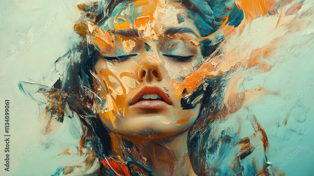 Poster abstract portrait of a woman with flowing colors and textures capturing emotion and creativity in a 