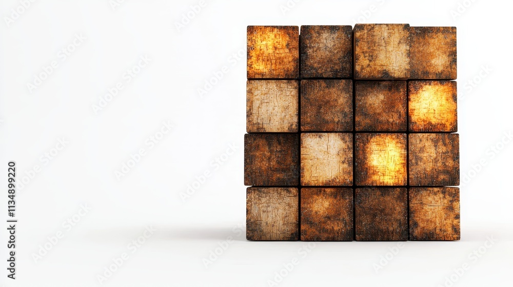 Poster textured wooden cube structure with uneven lighting and grunge effect on white background