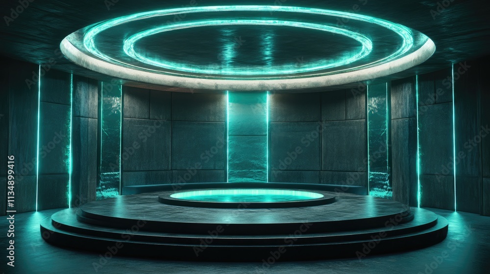 Poster futuristic 3d render of modern architecture with neon lights and podium for business concept present