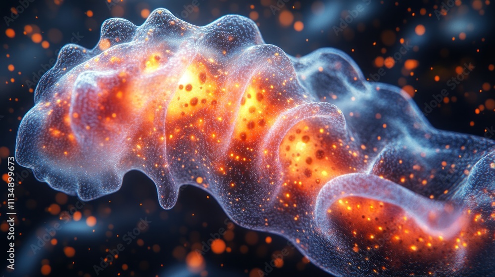 Poster microscopic cellular structure: a glowing, abstract visualization of cellular processes