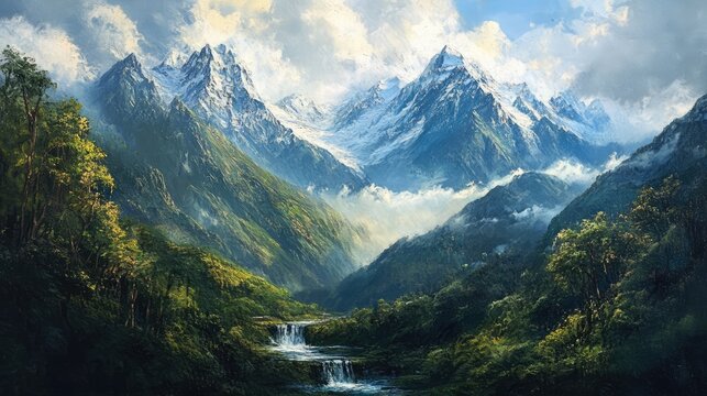 Lush green landscapes of Nathang Valley in Sikkim, featuring majestic snow-capped mountains, cascading waterfalls, and dramatic cloud formations, travel, nature, scenic beauty.
