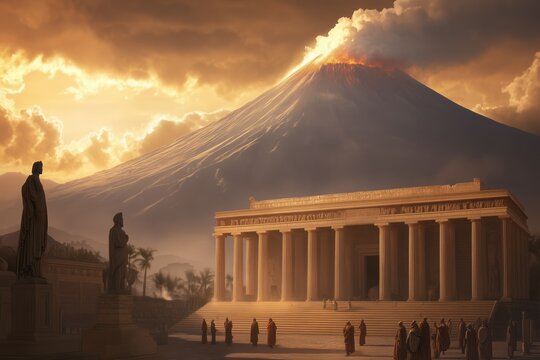 Digital illustration of the historical Pompeii showing the eruption of the volcano Vesuvius in the year 79 AD, you can see the forum and behind it the burning volcano