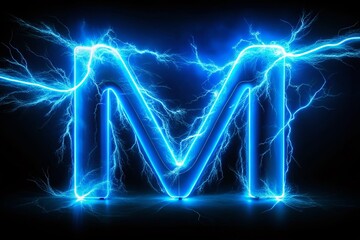 Electric Blue Neon Letter M Surrounded by Lightning Bolts on a Black Background in Stunning Long Exposure Effect for Vibrant Visuals and Creative Designs