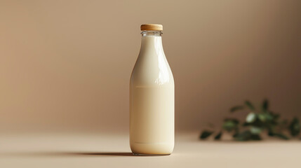 Classic glass milk bottle stands elegantly against a soft backdrop, reflecting warm natural tones. Ideal for artistic displays of dairy or beverage branding