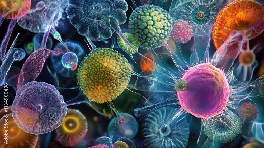 Poster microscopic view of colorful microorganisms showcasing biological diversity and intricate structures