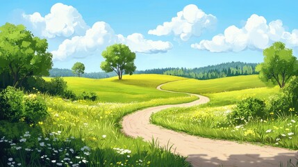 Scenic rural landscape with a winding dirt road surrounded by lush green fields and vibrant clouds in a clear blue sky