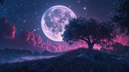 Fototapeta premium Enchanting August 2022 Full Moon Illuminating Serene Landscape with Vibrant Colors and Starry Night Sky