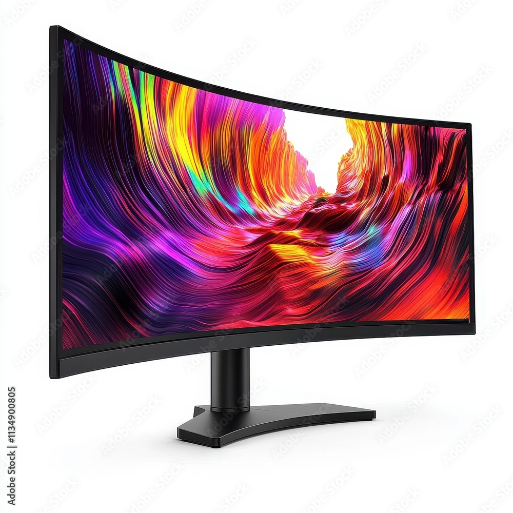 Poster vibrant curved monitor displaying colorful abstract waves in modern workspace setup