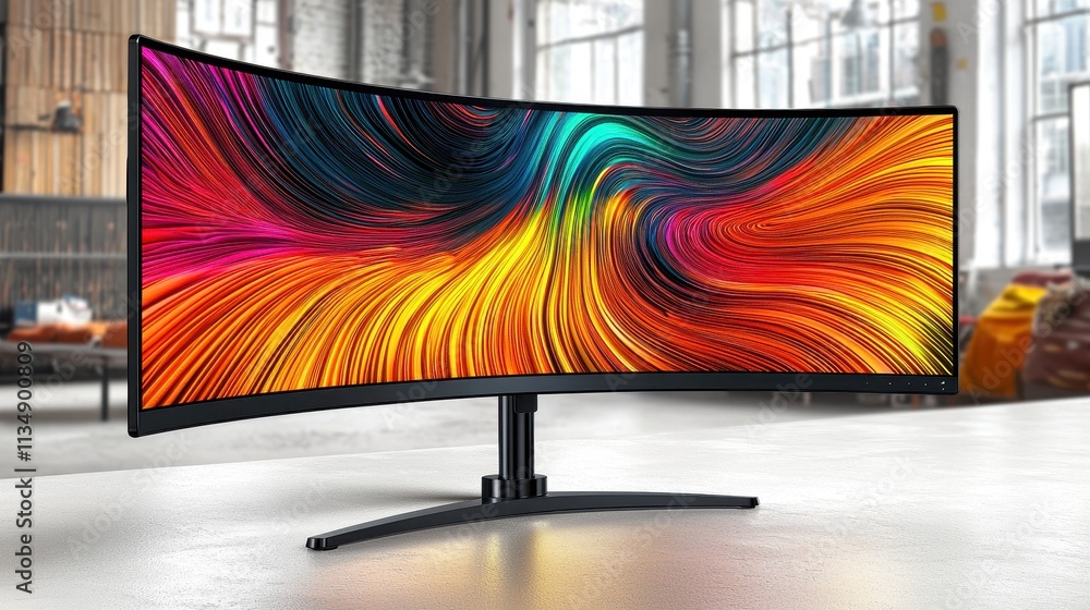 Poster vibrant curved monitor with colorful display in modern interior workspace setting