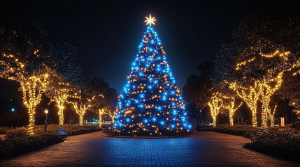 A large Christmas tree, decorated with blue lights, stands in the center of an outdoor park at night, surrounded by trees also illuminated with white and yellow LED light decorations.