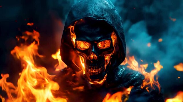 Hooded fiery skeleton engulfed in blazing flames amidst a smoky and ominous atmosphere