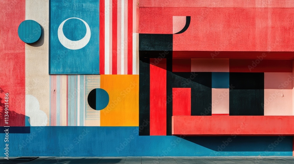 Poster vibrant abstract modern architecture featuring geometric patterns and bold color contrasts
