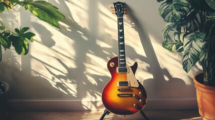 Elegant electric guitar leaning against a wall with sunlight casting shadows on potted plants in a stylish room