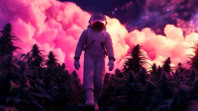 Astronaut exploring a surreal cannabis field under vibrant pink clouds and a starry cosmic sky