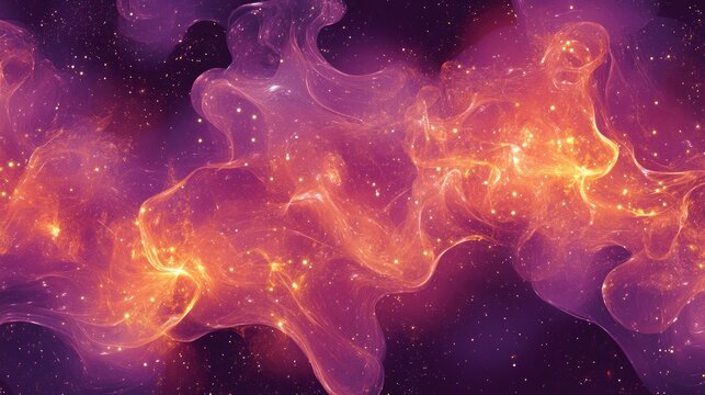 Vibrant abstract purple and orange cosmic energy pattern with glowing particles and fluid shapes for creative backgrounds and designs