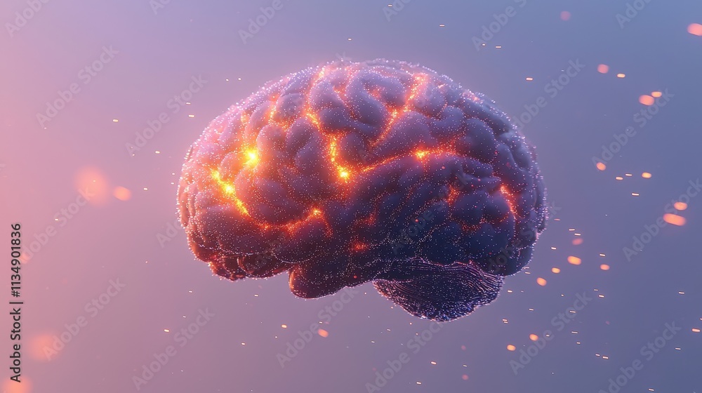 Poster abstract 3d render of human brain with glowing neural connections and particles