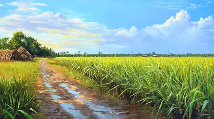 Obraz premium Expansive sugarcane farm landscape under a bright blue sky with lush green fields and a winding dirt path through the countryside