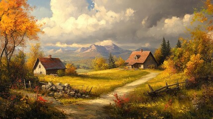 tranquil farmhouse landscape with autumn foliage and rolling hills under a dramatic sky perfectly capturing serene rural beauty