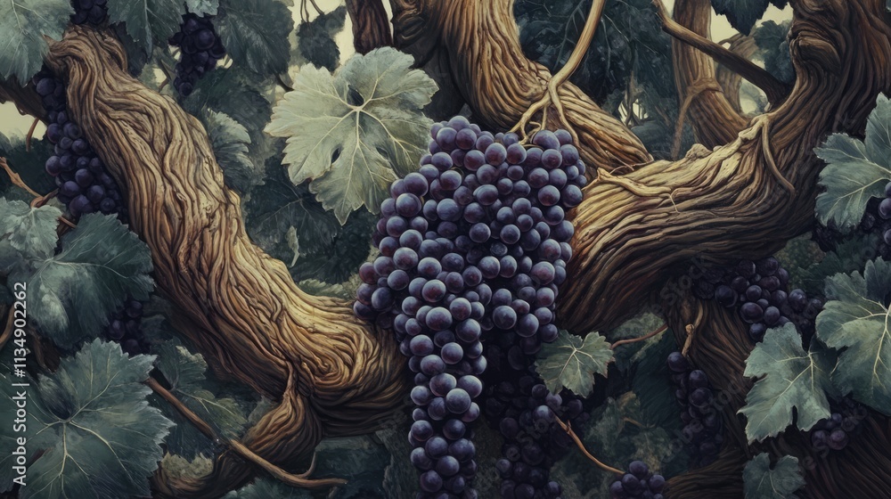 Poster vibrant grapevine with ripe clusters of dark grapes surrounded by lush green leaves on a textured tw
